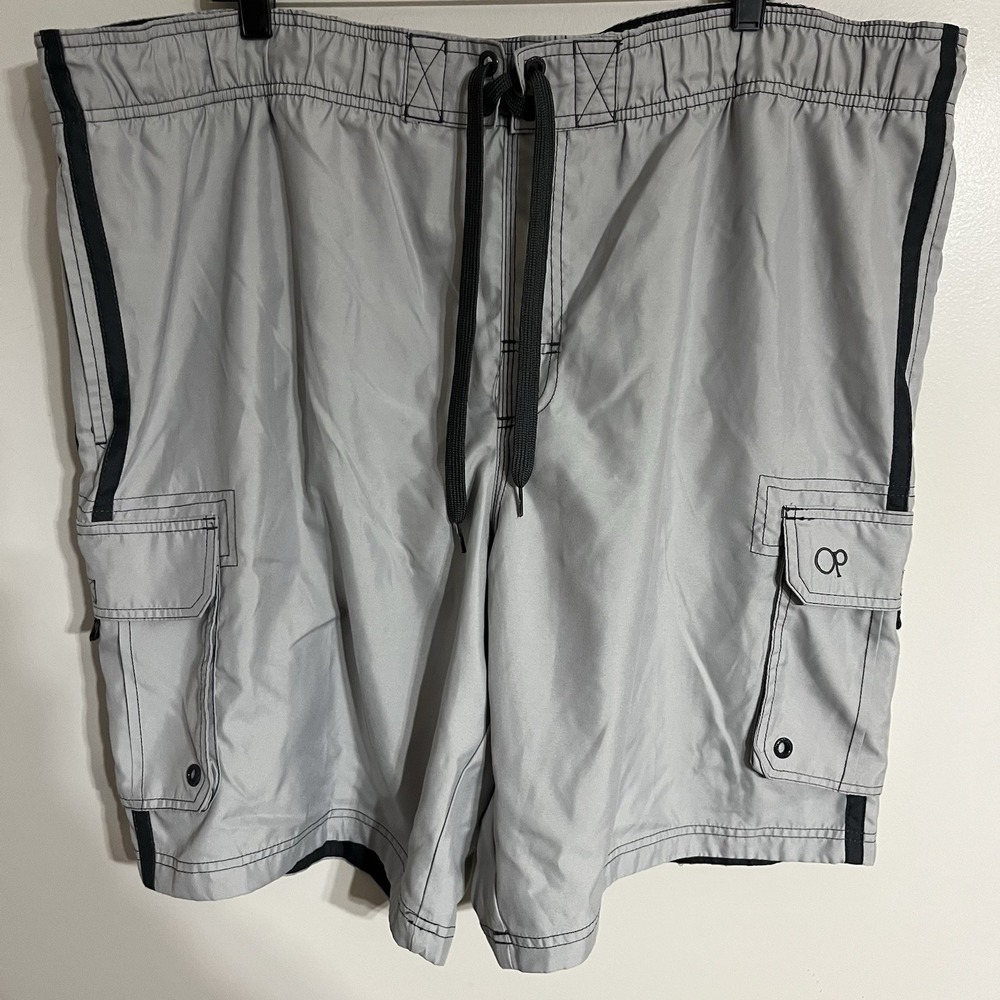 OP Men's Drawstring Waist Cargo Pocket Light Gray Swim Trunks Board Shorts 2XL‎